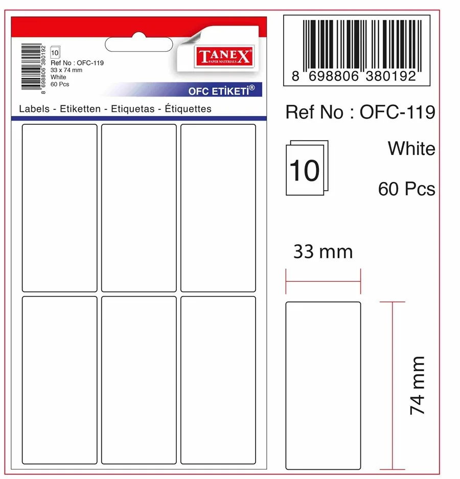 Tanex 33x74 Poşet Ofis Etiketi Beyaz Ofc-119