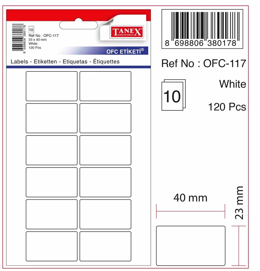 Tanex 23x40 Poşet Ofis Etiketi Beyaz Ofc-117