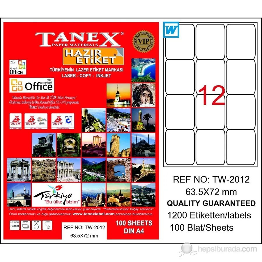 Tanex 63.5x72 Laser Etiket 100"lü Tw-2012