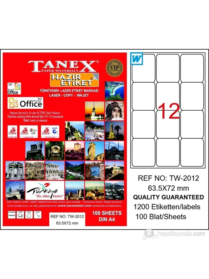 Tanex 63.5x72 Laser Etiket 100"lü Tw-2012