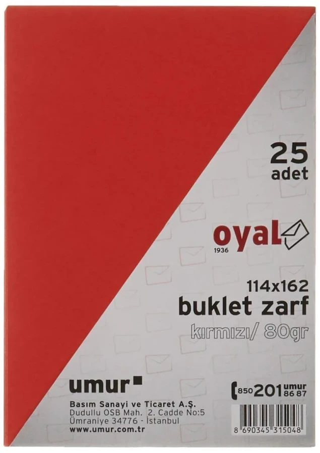 Oyal 114x162 Buklet Tipi Davetiye Zarfı 25"li 80 Gr M.renkler