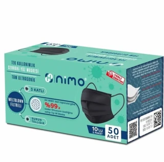 Nimo 3 Katlı Meltblown Filtreli Tek Kullanımlık Cerrahi Maske 50'li Siyah