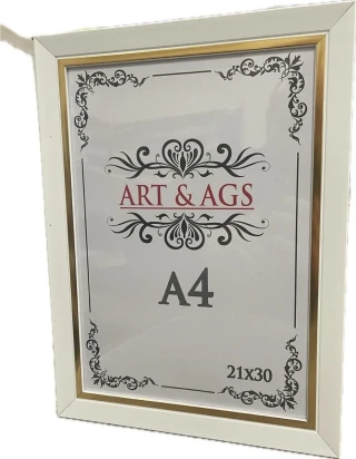 Art&ags A4 22 Mm Ahşap Görünümlü Çerçeve Altın Paspartulu Beyaz