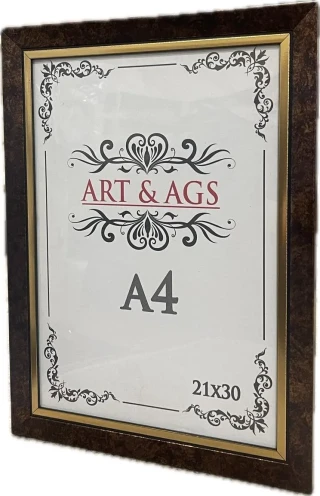 Art&ags A4 22 Mm Ahşap Görünümlü Çerçeve Altın Paspartulu Eskitmeli Kahve