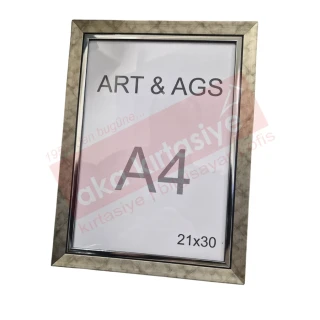 Art&ags A4 22 Mm Ahşap Görünümlü Çerçeve Gümüş Paspartulu Eskitmeli Gümüş