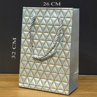 Gümüş Geometrik Desenli Büyük Boy Karton Hediye Çantası