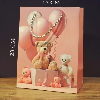 Ayıcık Desenli Pembe Küçük Boy Karton Hediye Çantası