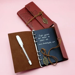 Kahverengi Deri Siyah Yapraklı Defter Ve Beyaz Jel Kalem Seti