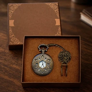 Geometrik Oymalı Tasarım - Köstekli Zincirli Cep Saati - Vintage Bronz