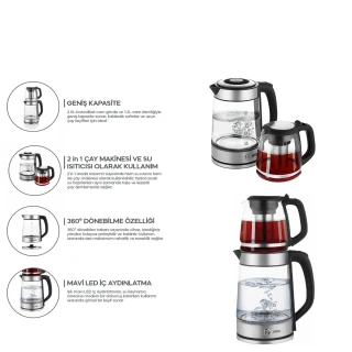 Sinbo 2'si 1 Arada Çaycı - Kettle - 2.0L + 1.2L Kapasite - Cam Gövde