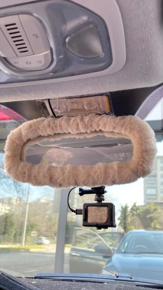 Peluş Dikiz Ayna Kılıfı Süs Bej