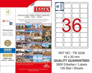 Tanex 45x30 Laser Etiket Tw-2036 100"lü